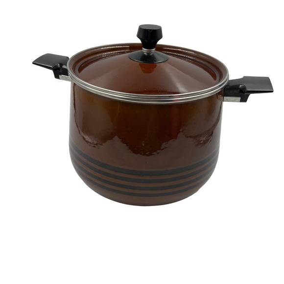 Vtg West Bend Brown Enamelware Scandia Bean Stock Pot W Lid Handles MCM - Picture 2 of 13